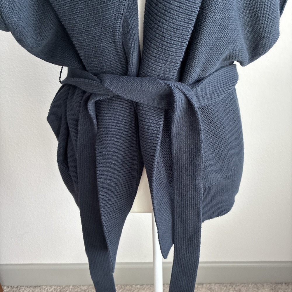 Rag & Bone Navy Blue Short Sleeve Belted Wrap Cardigan Crochet Knit Shawl Collar - Picture 2 of 12